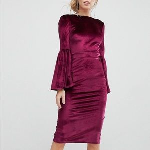 ASOS Violet Velvet Fluted Sleeve Midi Dress With Open Back